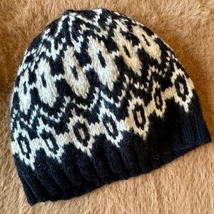Anthropologie or Sundance Black, White, and Cream Knit 100% Wool Beanie EUC
